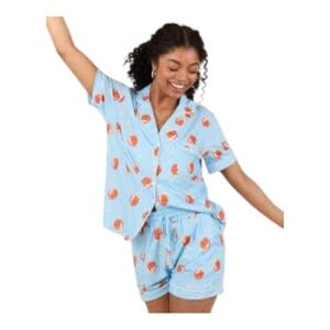 Pink Lily Aperol Spritz Print Satin Pajama Top Button Down Blue Size S